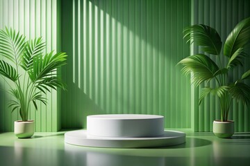 Fototapeta premium White podium pedestal and green plants in light green wall