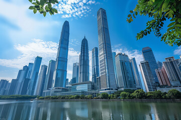 Obraz premium Skyscrapers Viewed from Below with Blue Sky and White Clouds