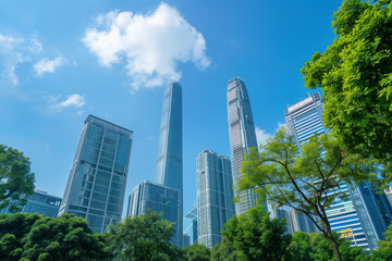 Skyscrapers Viewed from Below with Blue Sky and White Clouds