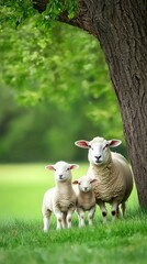 Naklejka premium A serene mother sheep standing protectively beside her two playful lambs under the shade of an ancient tree in vibrant green grass