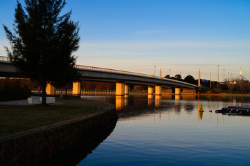 The beautiful sunrise reflecting on lake burley griffin, Canberra, in the morning