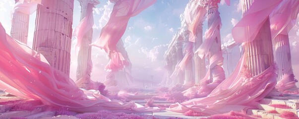 Ancient Greek temple interior with flowing pastel pink fabric and dreamy atmosphere