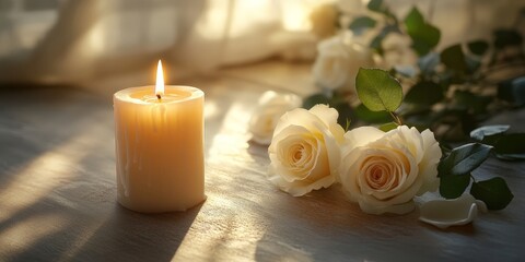 Elegant White Candles and Roses for a Memorial Service