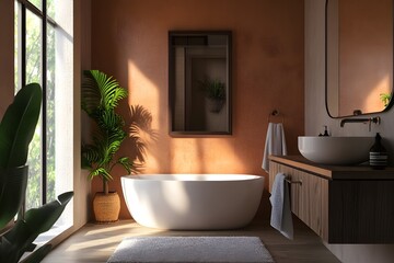 Fototapeta premium Spacious modern bathroom with freestanding tub, natural light, and elegant decor in a warm-toned interior