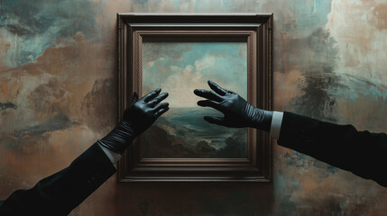 Hands in black gloves reach towards paintings and valuable museum exhibits. Concept of &laquo;steal like an artist&raquo;. Thief in a museum.