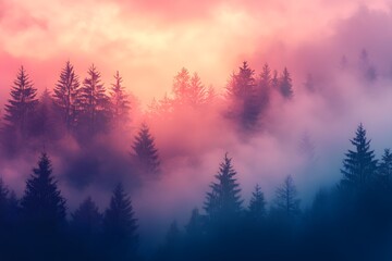 A serene sunrise lights up the misty forest with vibrant pink and blue hues in the early morning hours