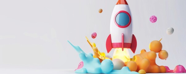 Obraz premium 3D colorful space rocket isolated on a white background, launching upward. Free copy space for text.