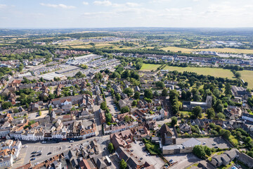 Bicester Village and Bicester town center, amazing aerial view in summer daytime, uk