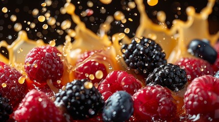 Berries splashing in syrup against a dark background illuminated by soft light