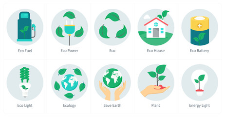 A set of 10 ecology icons as eco fuel, eco power, eco