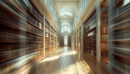 Tranquil library interior with sunlight streaming through large windows