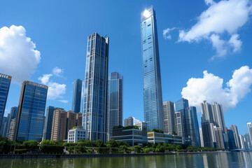 Obraz premium Skyscrapers Viewed from Below with Blue Sky and White Clouds