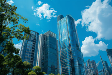 Fototapeta premium Skyscrapers Viewed from Below with Blue Sky and White Clouds