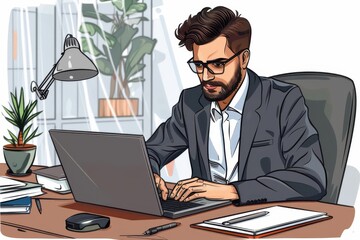 Fototapeta premium Cartoon-style businessman in a suit working on a laptop at his desk.