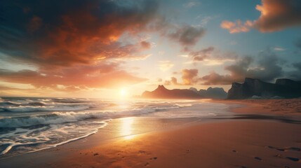 Fototapeta premium A serene beach landscape at sunset with waves and mountains in the background.
