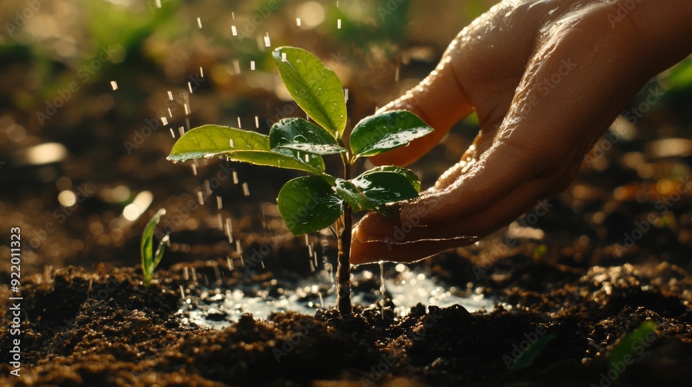 Poster a close-up of a small tree being watered by hand, with droplets of water glistening on the leaves an