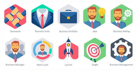 A set of 10 office and business icons as teamwork, business suite, business portfolio