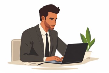 Cartoon-style businessman in a suit working on a laptop at his desk.
