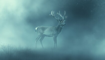 Majestic stag standing in a misty forest during early morning light