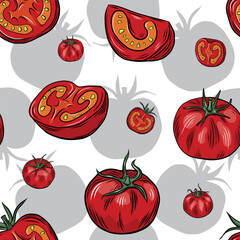 Line drawing style pattern of red tomatoes, vector seamless design with whole and sliced pieces for culinary projects and food decoration vibrant tomato art for kitchen use