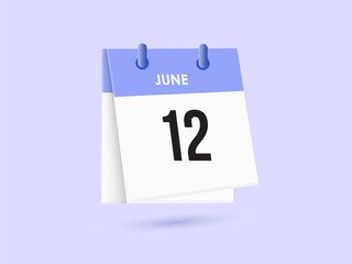 June 12 - calendar and Time planner. Daily Calendar Icon reminder. Vector Illustration.