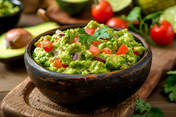 Avocado salsa with tomatoes in a wooden bowl, perfect for food blogs. Fresh avocado guacomole in rustic setting, for culinary photography, restaurant menus. Mexican guacamole garnished with cilantro