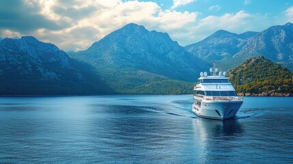 Luxury yacht on water isolated on beautiful sea background and mountain view