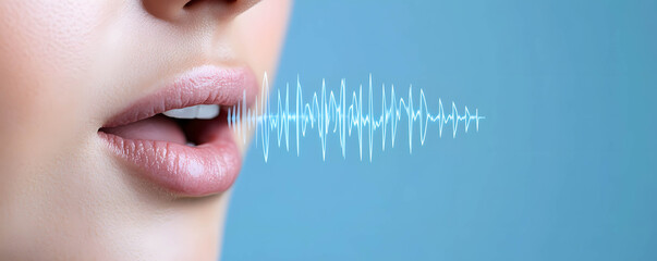 Voice authentication and security concept, woman mouth with clear sound waves indicating voice verification
