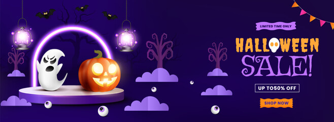 Cheerful Halloween greeting card backdrop featuring pumpkins, spooky lantern, bats, flags, and a glowing fiesta lamp vector illustration.