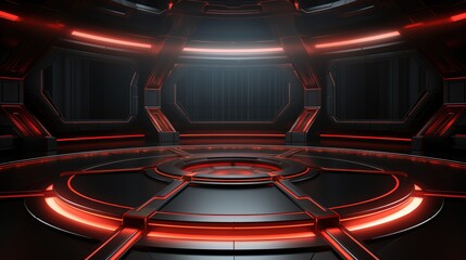 Futuristic red neon lit platform in a dark room.