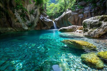 Beautiful waterfall in the forest with crystal clear water
