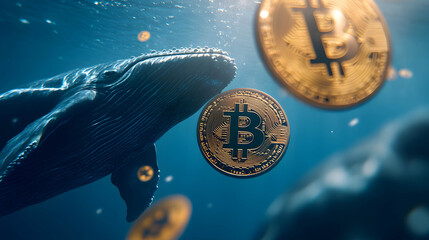 Whales swimming under the surface of the water and Bitcoin coins floating on the water, smart money in cryptocurrency and bitcoin concept