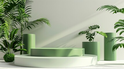 green product podium stages, cylinder shape design element, white background, generative ai