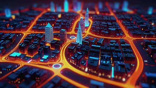 Stylized digital cityscape at night, illuminated by vibrant blue and orange lights, showcasing intricate street layout and connectivity in a futuristic urban design