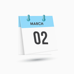 March 2 - calendar and Time planner. Daily Calendar Icon reminder. Vector Illustration.