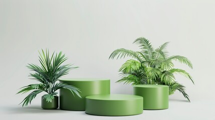 Obraz premium green product podium stages, cylinder shape design element, white background, generative ai