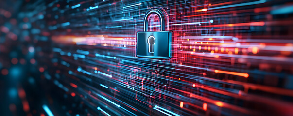 Fototapeta premium safety of information and data in online or social concept, padlock on high-speed data transfer with light trails