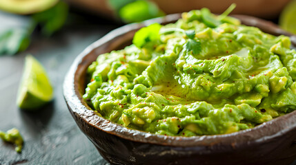 Obraz premium Creamy guacamole served in a wooden bowl for healthy food blogs, menus, culinary websites and magazines. Guacamole with lime garnish. Rich avocado dip in rustic setting, for cooking shows and ads