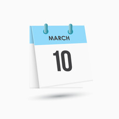 March 10 - calendar and Time planner. Daily Calendar Icon reminder. Vector Illustration.