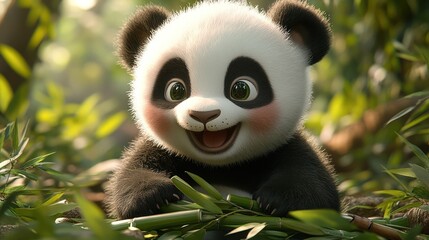 Obraz premium An adorable panda cub playing with bamboo shoots in a lush forest.