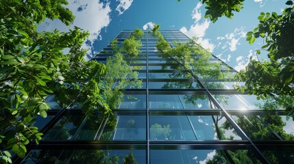 A modern glass building surrounded by lush greenery under a clear blue sky.