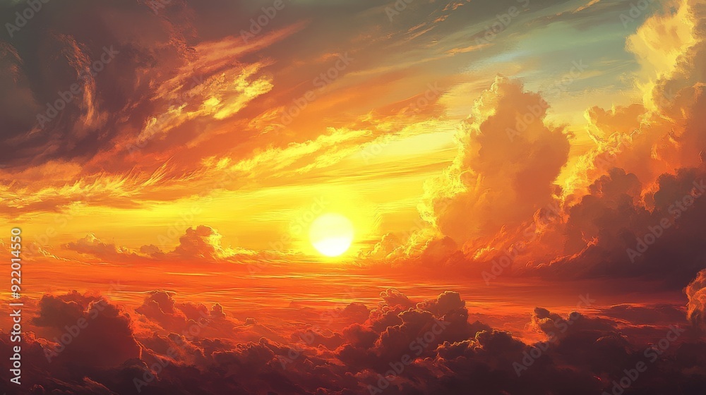 Poster a close-up of a sunset with the sun partially hidden behind a distant horizon, with dramatic cloud f