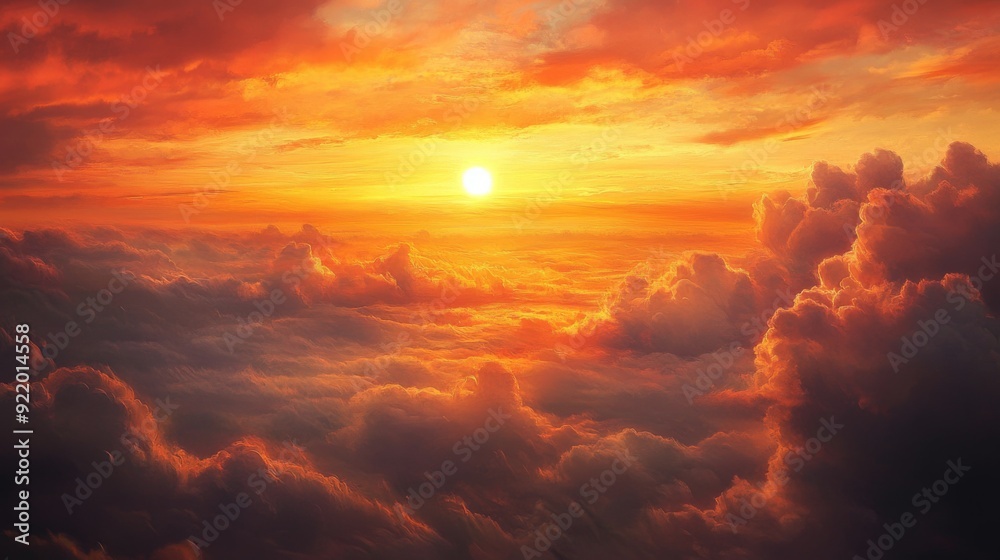 Poster a close-up of a sunset with the sun partially hidden behind a distant horizon, with dramatic cloud f