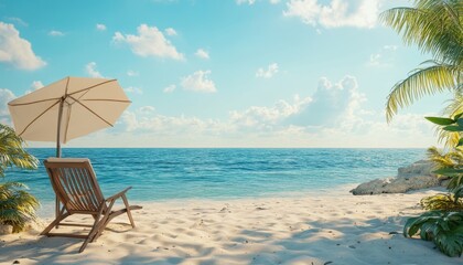 Secluded beach with a lounge chair and umbrella under bright blue skies at midday