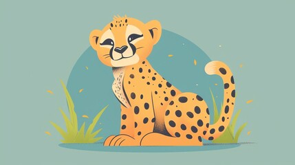 Fototapeta premium Create a illustration of a Cheetah on the huntin a kawaii style, simplified to feature fewer elements for a cleaner look, Use a color palette that is appealing to children, with bright and chee