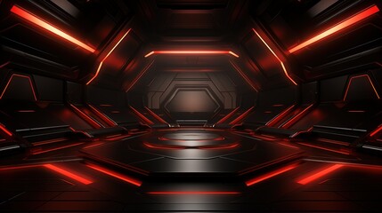 Futuristic Sci-Fi corridor with red neon lights.