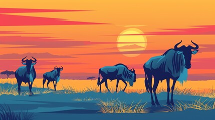 Create a illustration of a Wildebeests during migrationin a kawaii style, simplified to feature fewer elements for a cleaner look, Use a color palette that is appealing to children, with bright