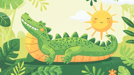 Create a illustration of a Crocodile basking in the sunin a kawaii style, simplified to feature fewer elements for a cleaner look, Use a color palette that is appealing to children, with bright