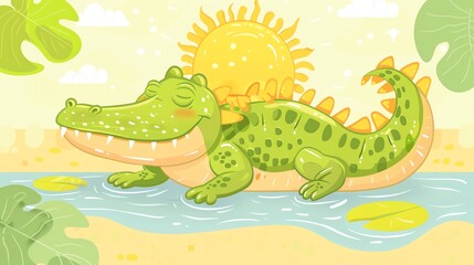Create a illustration of a Crocodile basking in the sunin a kawaii style, simplified to feature fewer elements for a cleaner look, Use a color palette that is appealing to children, with bright
