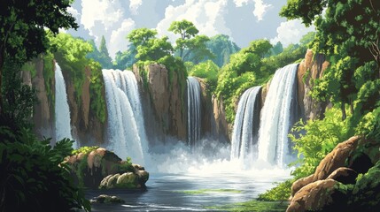 Naklejka premium Stunning waterfalls with lush greenery and rocky cliffs. Vector illustration